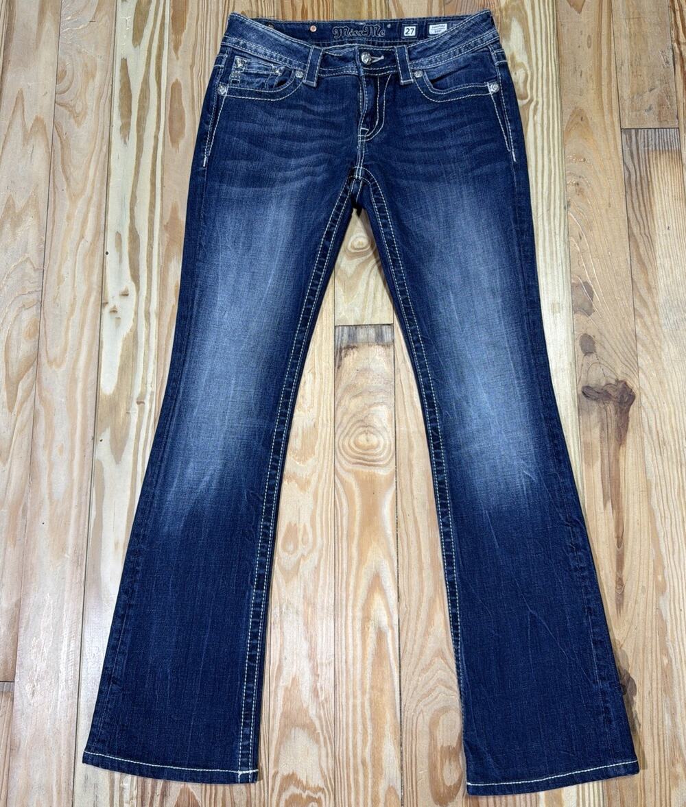 MISS ME Lace-Overlay Back-Flap Pocket Embellished Jeans Size 27
